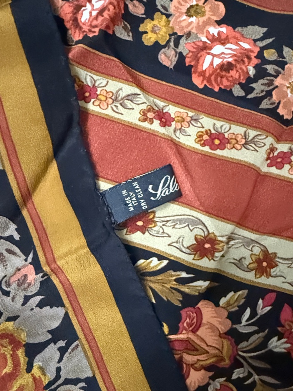 Silk Floral & Stripe Scarf  vintage 100% silk scarf made in Italy - Picture 3 of 4